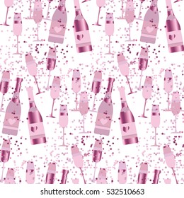 seamless pattern with sparkling alcohol beverage. celebration repeatable motif with rose golden champagne. assorted sparkling wine glasses and bottles. champagne concept flat vector illustration. 
