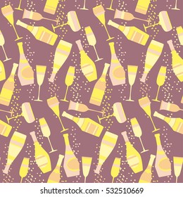 seamless pattern with sparkling alcohol beverage. celebration repeatable motif with golden champagne. assorted sparkling wine glasses and bottles. champagne concept flat vector illustration. 