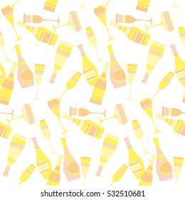 seamless pattern with sparkling alcohol beverage. celebration repeatable motif with golden champagne. assorted sparkling wine glasses and bottles. champagne concept flat vector illustration. 