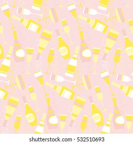 seamless pattern with sparkling alcohol beverage. celebration repeatable motif with golden champagne. assorted sparkling wine glasses and bottles. champagne concept flat vector illustration. 