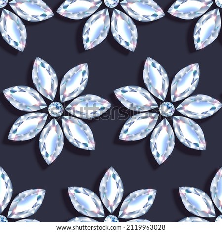 Seamless pattern with sparkling diamonds flowers. Background for Valentine's Day, Women's Day, Anniversary, Birthday. Vector.