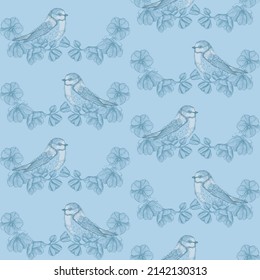Seamless pattern with sparrow birds sitting on flower branches, hand drawn graphic illustration