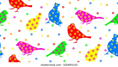 Seamless pattern. The sparrow is colorful. Bright color vector illustration. Colored rings are large and small. Red, blue, yellow, green, purple. Nice little bird.