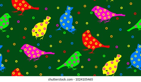 Seamless pattern. The sparrow is colorful. Bright color vector illustration. Red, blue, yellow, green, purple. Nice little bird in circles on a green background.