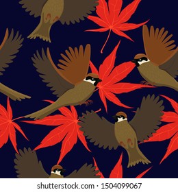 Seamless pattern with sparrows and autumn leaves. Vector graphics