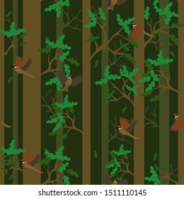 Seamless pattern sparrows in an oak forest.
