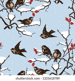 Seamless pattern of sparrows on branches in a winter day