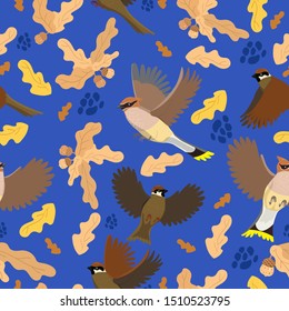 Seamless pattern with sparrows and waxwings, autumn leaves and acorns.