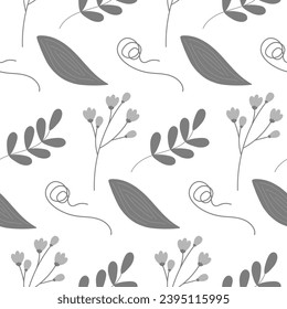 Seamless pattern of spathiphyllum leaf and curled branch with flowering twigs in grayscale. Isolate