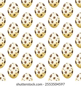 Seamless pattern of speckled bird eggs on a white background. Perfect for spring, Easter, or nature themed designs. Ideal for textiles, wallpapers, and gift wrap.