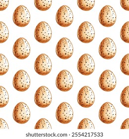 Seamless pattern of speckled bird eggs on a white background. Perfect for spring, Easter, or nature themed designs. Ideal for textiles, wallpapers, and gift wrap.