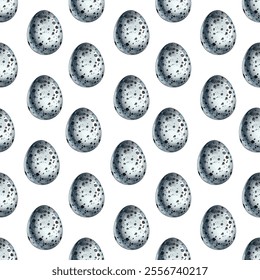 Seamless pattern of speckled bird eggs on a white background. Perfect for spring, Easter, or nature themed designs. Ideal for textiles, wallpapers, and gift wrap.