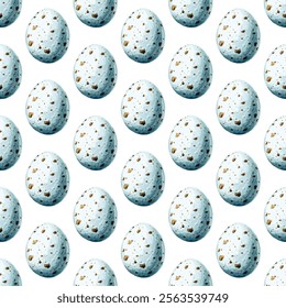 Seamless pattern of speckled bird eggs on a white background. Perfect for spring, Easter, or nature themed designs. Ideal for textiles, wallpapers, and gift wrap.