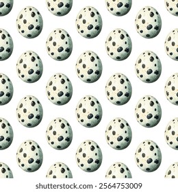 Seamless pattern of speckled bird eggs on a white background. Perfect for spring, Easter, or nature themed designs. Ideal for textiles, wallpapers, and gift wrap.