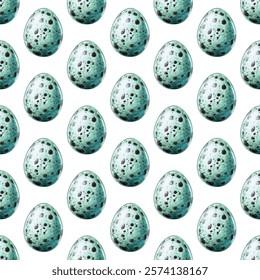 Seamless pattern of speckled bird eggs on a white background. Perfect for spring, Easter, or nature themed designs. Ideal for textiles, wallpapers, and gift wrap.