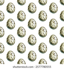 Seamless pattern of speckled bird eggs on a white background. Perfect for spring, Easter, or nature themed designs. Ideal for textiles, wallpapers, and gift wrap.