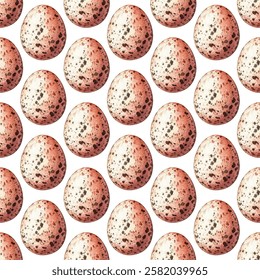 Seamless pattern of speckled bird eggs on a white background. Perfect for spring, Easter, or nature themed designs. Ideal for textiles, wallpapers, and gift wrap.