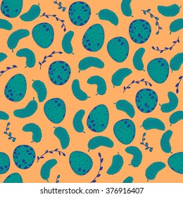 Seamless pattern with speckled eggs, branches and feathers. Easter background. Vector seamless pattern.