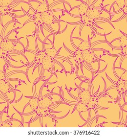 Seamless pattern with speckled eggs, branches on the grass. Easter background. Vector seamless pattern.