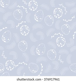 Seamless pattern with speckled eggs, branches and feathers. Easter background. Vector seamless pattern.