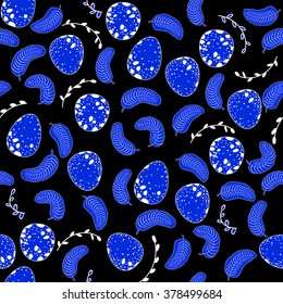 Seamless pattern with speckled eggs, branches and feathers. Easter background. Vector seamless pattern.
