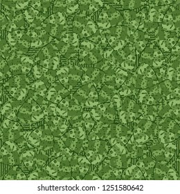 Seamless pattern. Speckled green leaves are randomly arranged against wavy lines. Camouflage style.