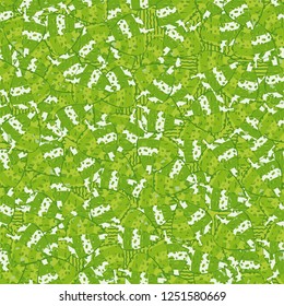 Seamless pattern. Speckled green leaves are randomly arranged against wavy lines. Camouflage style.