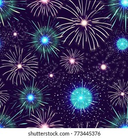 Seamless pattern with spectacular colorful fireworks displayed in dark night sky. Backdrop with bright flashing festive lights. Vector illustration for wallpaper, textile print, wrapping paper.