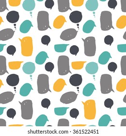 Seamless pattern of the speech bubble. It contains several different colors, shapes and sizes. Speech bubbles yellow, gray and blue. White background.