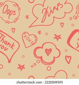 A seamless pattern of speech bubbles with dialog words, hand-drawn doodle-style elements. Hello, Love, Sorry, Love, Kiss, Bye. Vector illustration.