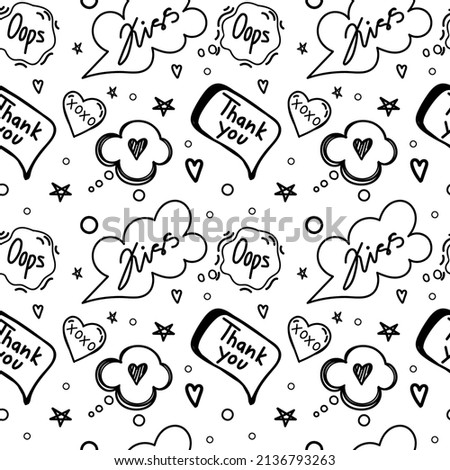 A seamless pattern of speech bubbles with dialog words, hand-drawn doodle-style elements. Hello, Love, Sorry, Love, Kiss, Bye. Vector illustration.