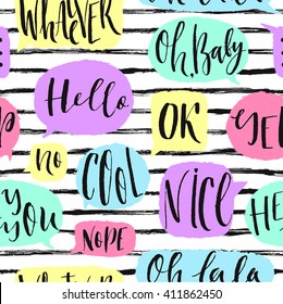 Seamless pattern with speech bubbles with the different words on striped backdrop. 