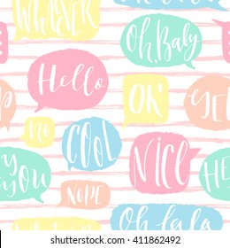 Seamless pattern with speech bubbles with the different words on striped backdrop. 