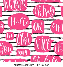 Seamless pattern with speech bubbles with the different words on striped backdrop. 