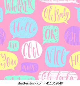 Seamless pattern with speech bubbles with the different words on striped backdrop.