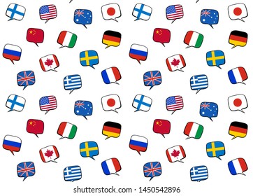 Seamless pattern with speech bubbles. Flags of different countries. Vector illustration