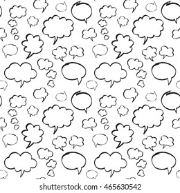 Seamless pattern with speech bubbles and thought clouds. Black and white colors. Hand drawn by felt pen vector repeating background.