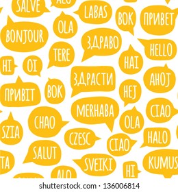 Seamless pattern with speech bubbles with the word hello in different languages. Welcome background. Doodle speech bubble pattern. Friendship design for your skin device or website