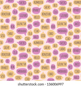 Seamless Pattern With Speech Bubbles With The Word Hello In Different Languages. Welcome Background. Doodle Speech Bubble Pattern. Friendship Design For Your Skin Device Or Website