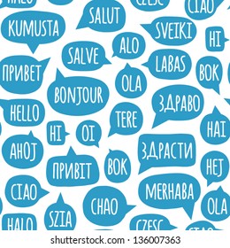 Seamless pattern with speech bubbles with the word hello in different languages. Welcome background. Doodle speech bubble pattern. Friendship design for your skin device or website