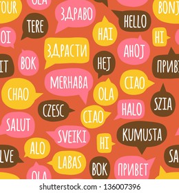 Seamless pattern with speech bubbles with the word hello in different languages. Welcome background. Doodle speech bubble pattern. Friendship design for your skin device or website