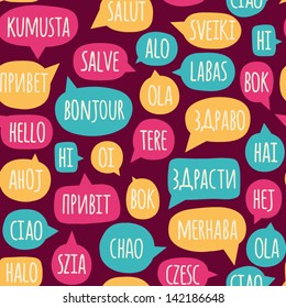 Seamless pattern with speech bubbles with the word hello in different languages. Welcome background. Doodle speech bubble pattern. Friendship design for your skin device or website