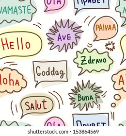 Seamless pattern with speech bubbles with word hello in different languages