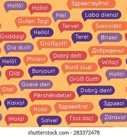 Seamless pattern with speech bubbles and words "Hello" in the languages of Europe