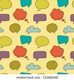 Seamless pattern with speech and thought bubbles on the striped background. Vector illustration.