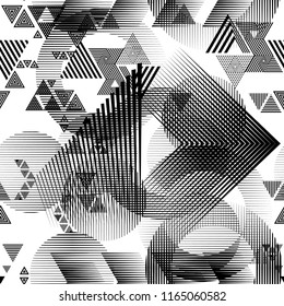 Seamless pattern with speed lines, circles . minimalistic poster with striped Design elements .Repeating Vector stripes .Geometric shape. Dynamic geometrical Endless overlay texture.