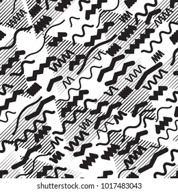 Seamless pattern with speed lines, squares, circles . minimalistic poster with striped Design elements .Repeating Black Vector stripes .Geometric shape. Dynamic geometrical Endless overlay texture.