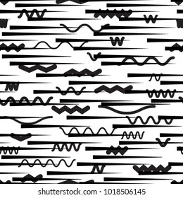 Seamless pattern with speed lines, squares, circles . minimalistic poster with striped Design elements .Repeating Black Vector stripes .Geometric shape. Dynamic geometrical Endless overlay texture.
