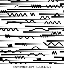 Seamless pattern with speed lines, squares, circles . minimalistic poster with striped Design elements .Repeating Black Vector stripes .Geometric shape. Dynamic geometrical Endless overlay texture.