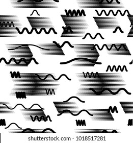 Seamless pattern with speed lines, squares, circles . minimalistic poster with striped Design elements .Repeating Black Vector stripes .Geometric shape. Dynamic geometrical Endless overlay texture.